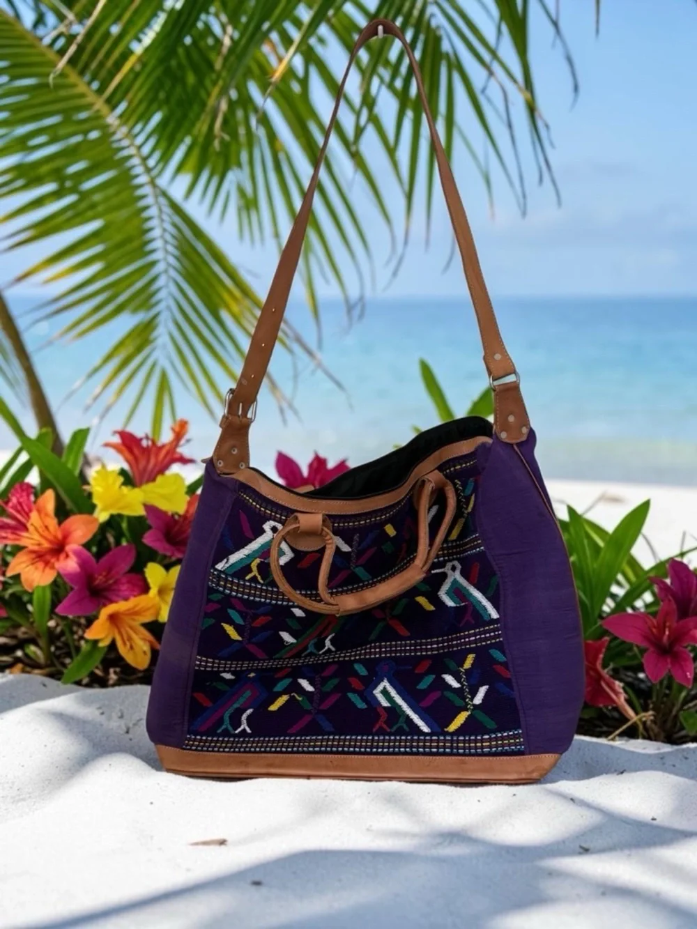 Purple Hand Embroidered Tote with Tan Leather Trim and Multicolor Pattern